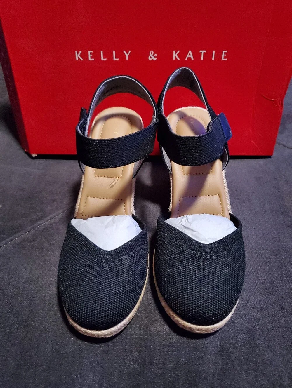 NWOT Kelly & Katie Banner Espadrille Wedge Sandal - Black size 6M